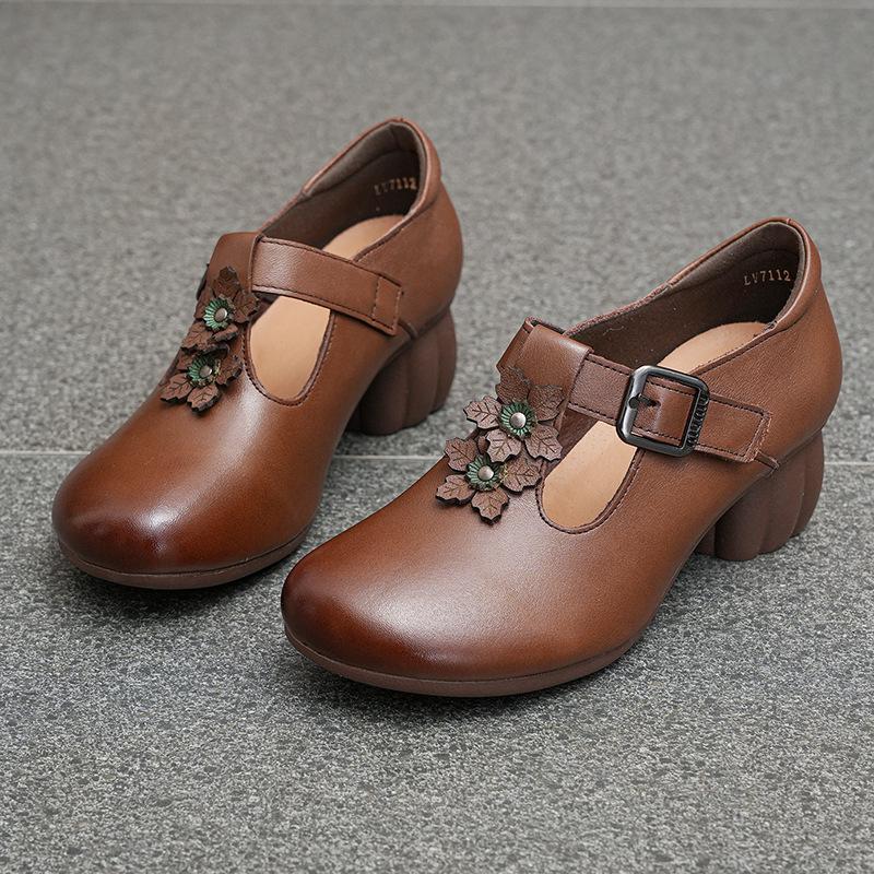 

Одиночные туфли женские на толстом каблуке с мягкой подошвой и средней высотой носа женские кожаные туфли с пряжкой из коровьей кожи 39 темно-коричневого