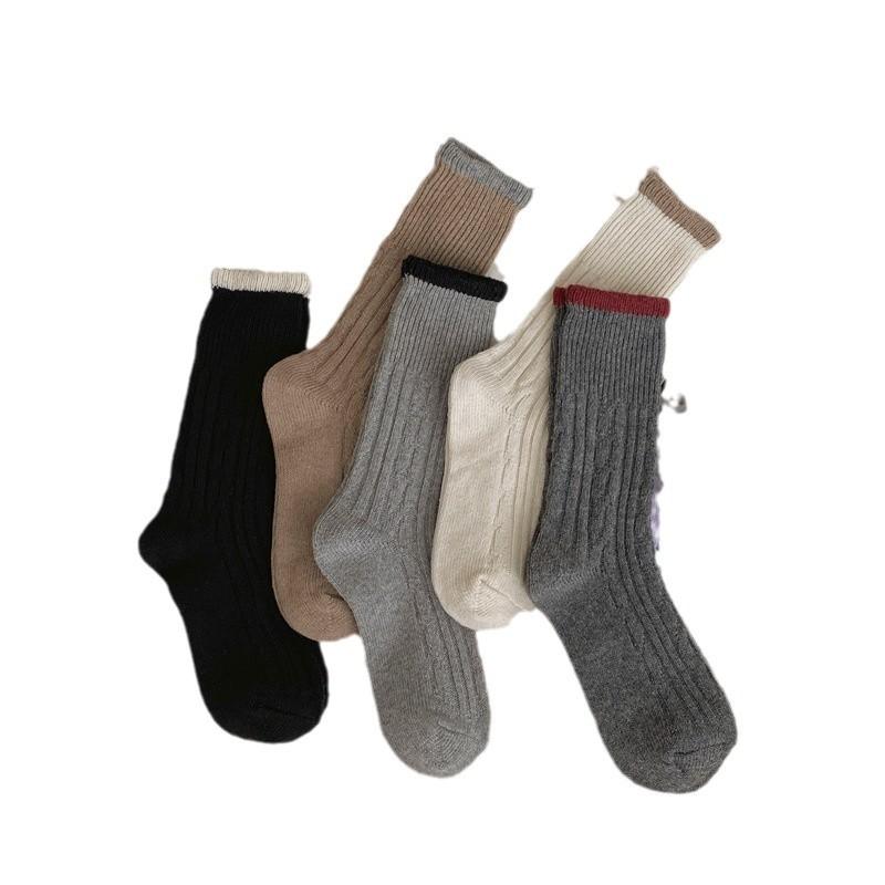 Autumn and Winter Color-blocking Socks, Women's Mid-calf Socks, Thickened Wool Socks, Warm and Retro Pile Socks