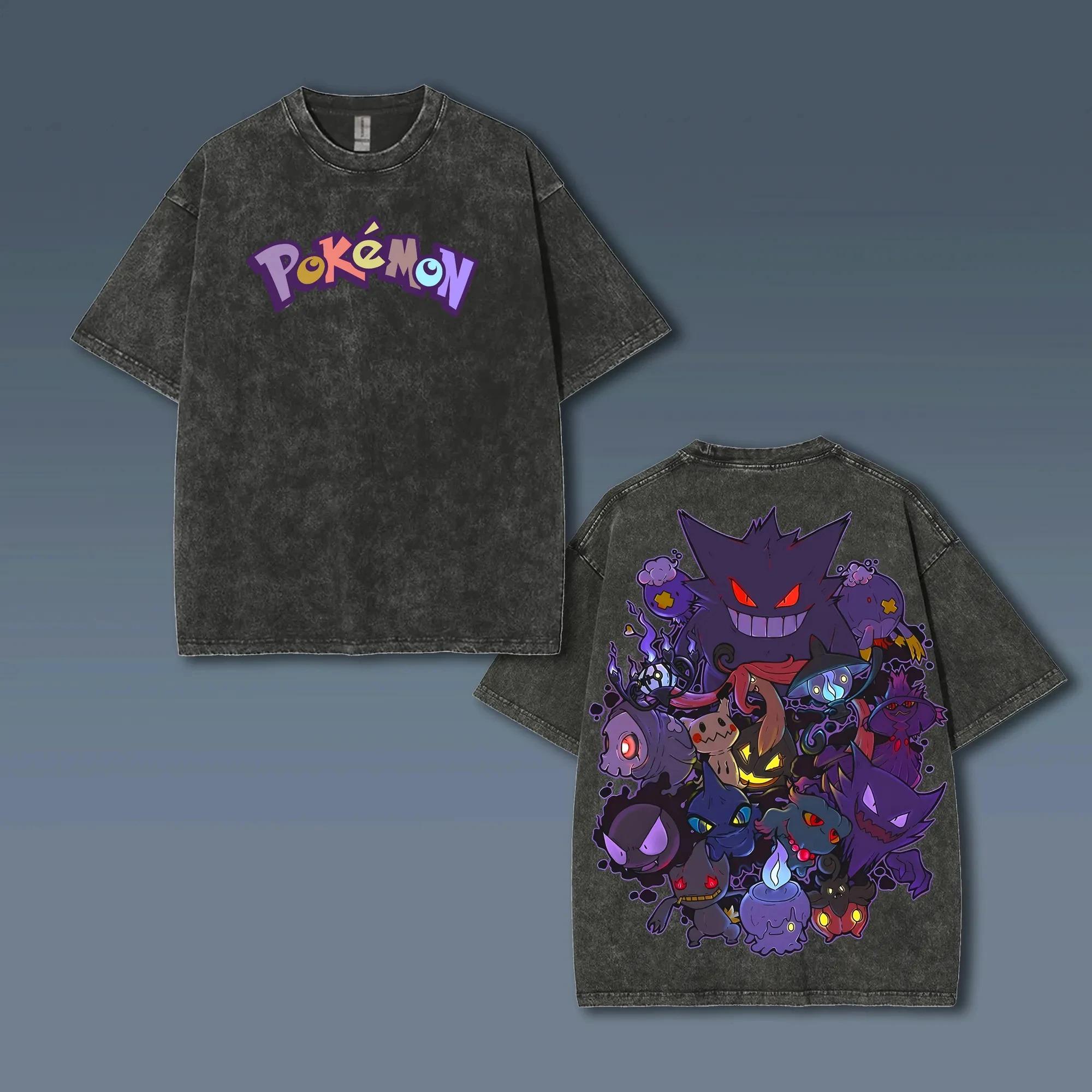 Fashion Hip Hop Clothes Pok&eacute;mon Animatie Afgeleiden Gengar Print Retro Gewassen Korte Mouw T-shirt Heren en Dames 2025 Zomer Mode Kleding S