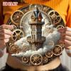 Steampunk Metal Wall Art Round Gear Bell Tower Vintage Decor for Home Cafe