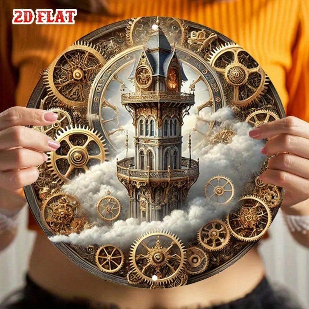 Steampunk Metal Wall Art Round Gear Bell Tower Vintage Decor for Home Cafe