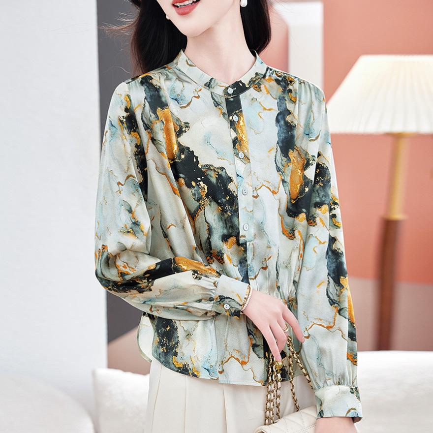 Silk shirt women's long sleeves spring and summer new printed loose large size meat-covered mulberry silk top