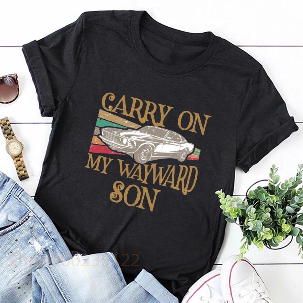 Carry on My Wayward Son Vintage Topper Supernatural T-skjorte Trykk Svart T-skjorte Estetisk Dame T-skjorte Retro Grafiske T-skjorter