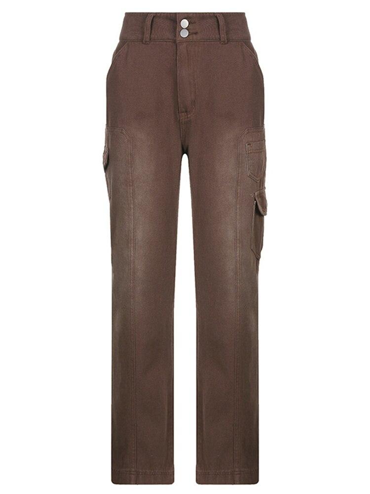 

Мешковатые джинсы с карманами, модная уличная одежда с прострочкой, женские джинсовые брюки, свободные брюки-карго, корейские джинсы, прямые брюки Harajuku XXL коричневый