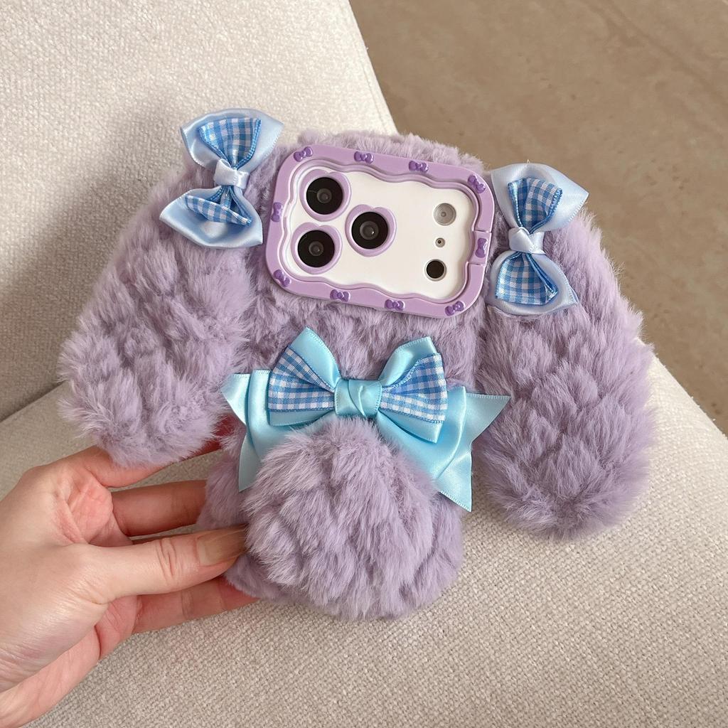 Plush Bow Diamond Lattice Rabbit Ears Phone Case for iPhone 17/16 Pro Max