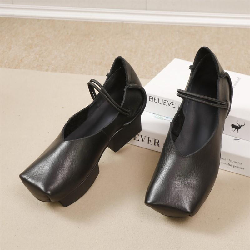 Johnature Vintage ekte kuskinn firkantet tå damesko Allsidig ekte skinn pumper med mellomhæl