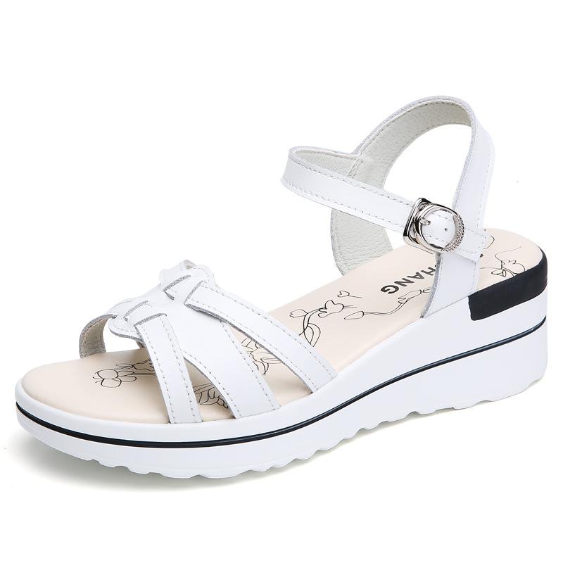 Student fashion thick-soled wedge heel leather medium heel sports sandals women's one-word buckle