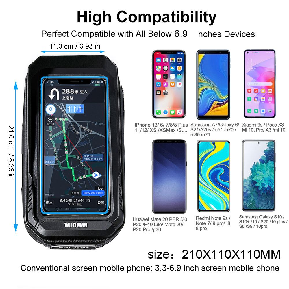 WILD MAN Bike Bag 2L Frame Front Tube Cycling Bag Bicycle Waterproof Phone Case Holder 7.4 Inches Touch Screen Bag