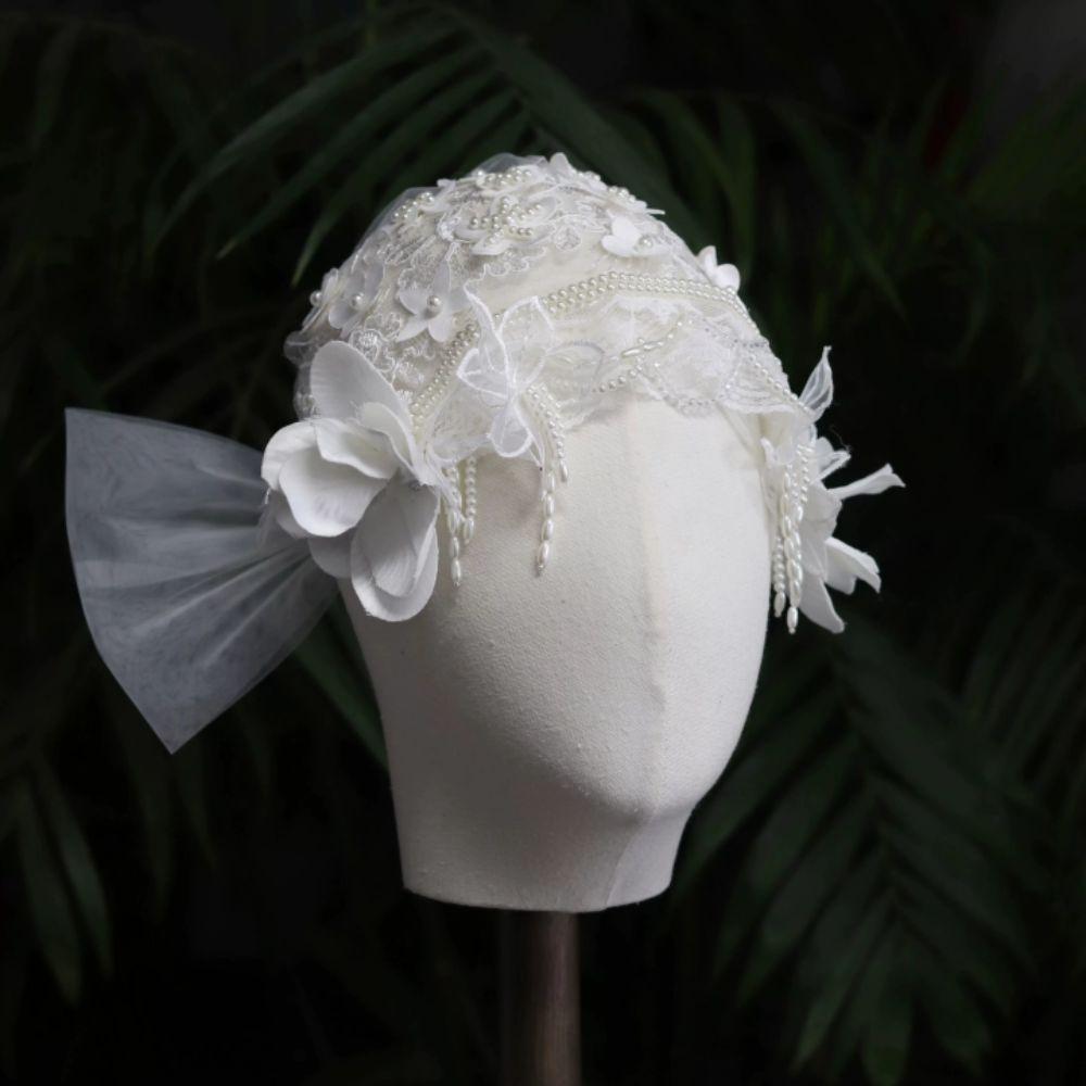 Lace Floral Bride Headdress White Wedding Headwear French Bridal Hat  Photography Accessories