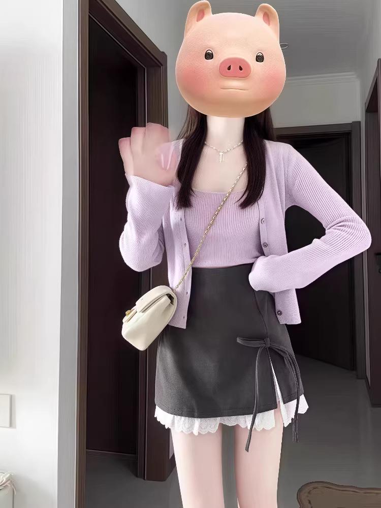 2026 Taro Purple Women's Square Neck Long Sleeve Cardigan & Camisole Two-Piece Set