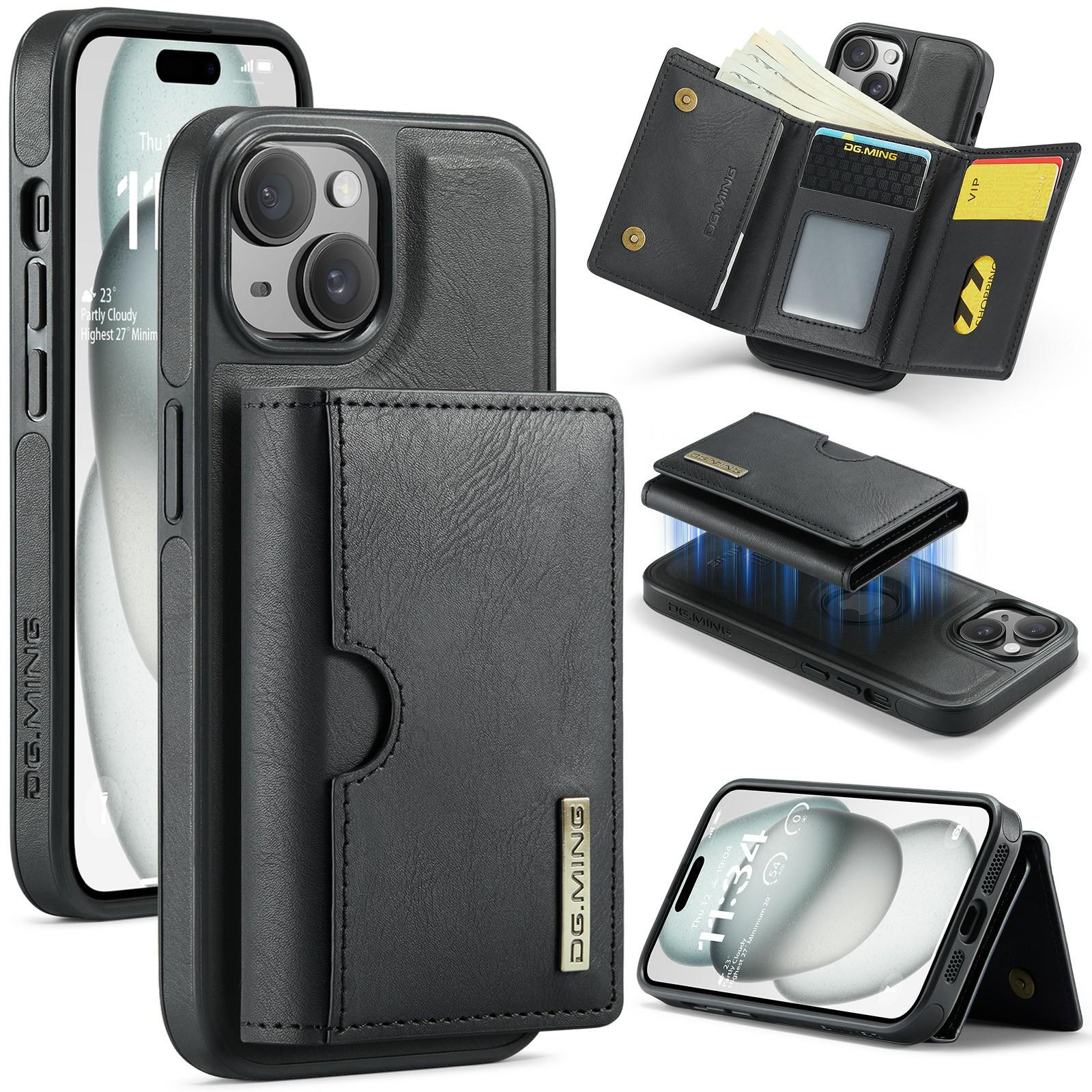 

DG.MING M6 Series For iPhone 15 Plus Case Magnetic Wallet PU+PC+TPU Phone Cover Black