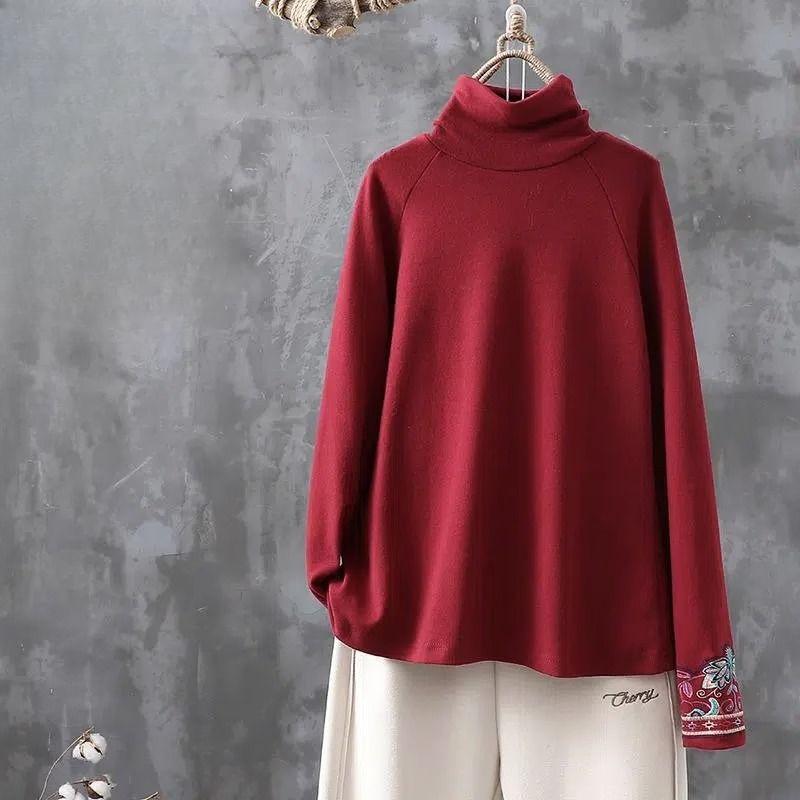 Spring Double-sided German Velvet Ethnic Style Embroidered Half High Collar Bottom Shirt for Women's Casual Slimming Long Sleeved T-shirt