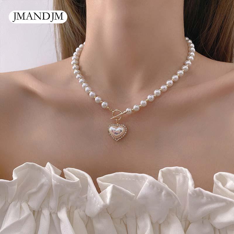 Nytt elegant perleperlekjede for kvinner Damemote Rhinestone Shell Heart Pendent Halskjede Choker smykker LXY