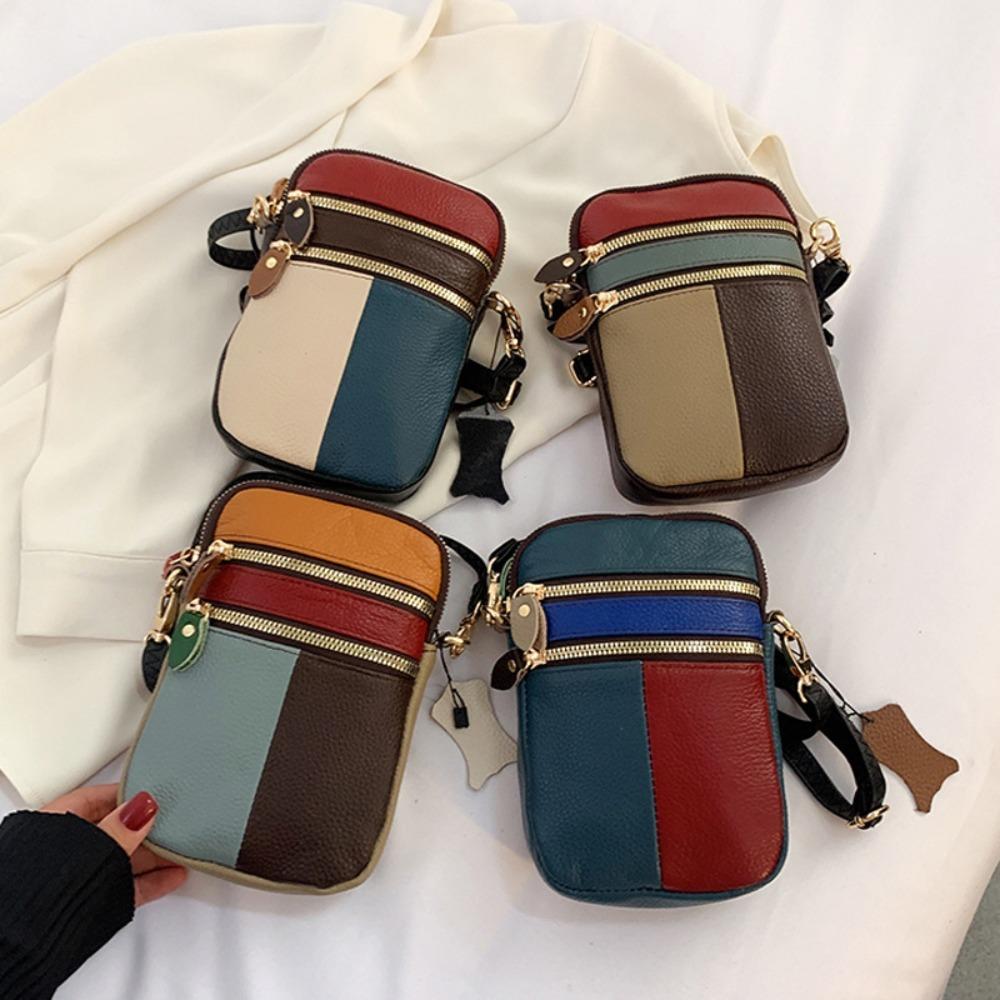 

Trendy Genuine Leather Shoulder Bag Multi Zipper Soft Cowhide Mobile Phone Bag Color Random Coin Purse