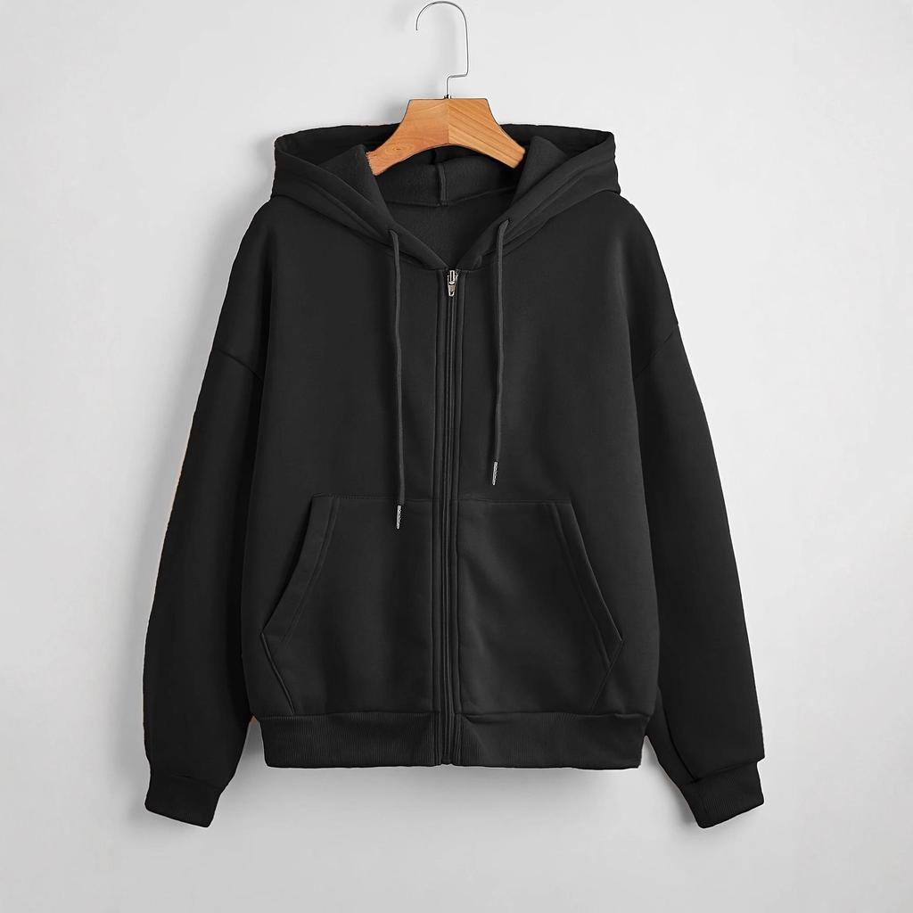 Damen Einfarbiger Lockerer Hoodie, Dicker Reißverschluss Cardigan, Herbst Winter Langarm Freizeit Sportbekleidung.