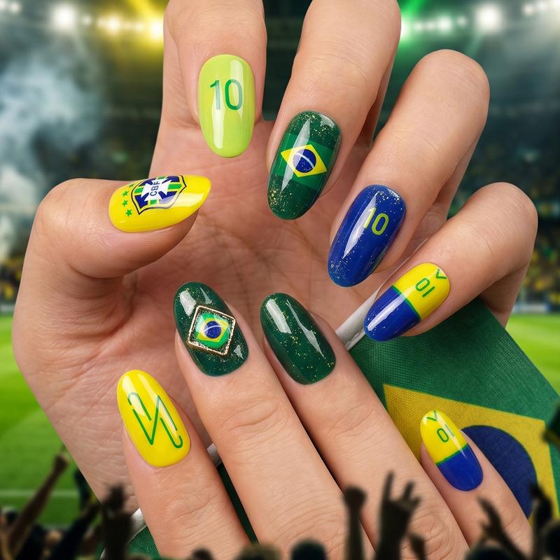Wearable Nails, Sports Vibrant World Cup Theme Wearable False Nails, Yellow And Blue Contrast French Manicure Pieces