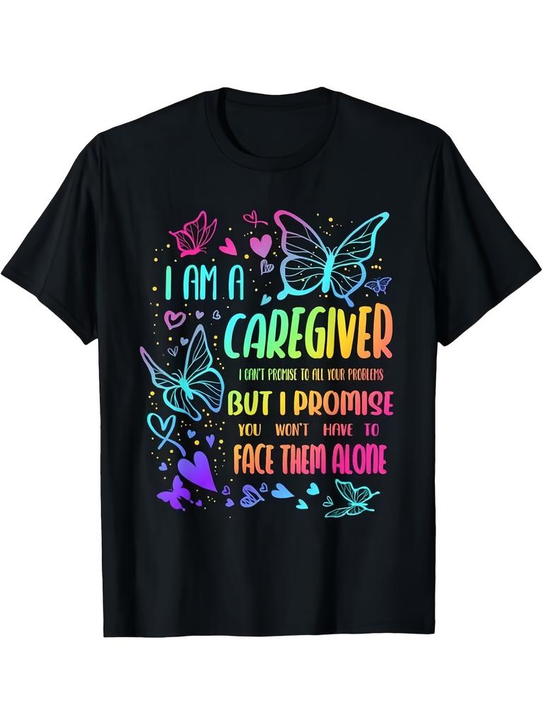 HSY Men's I Am A Caregiver Graphic TShirt Sm Retro Black with Colorful Butterfly & Heart Design Inspirational Quote Father's Day Gift Machine Washable