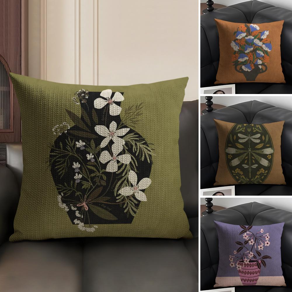 Classic Vintage Vase Cushion Cover Natural Linen Organic Fabric DoubleSided Printing Sofa Home Decor Breathable Environmentally