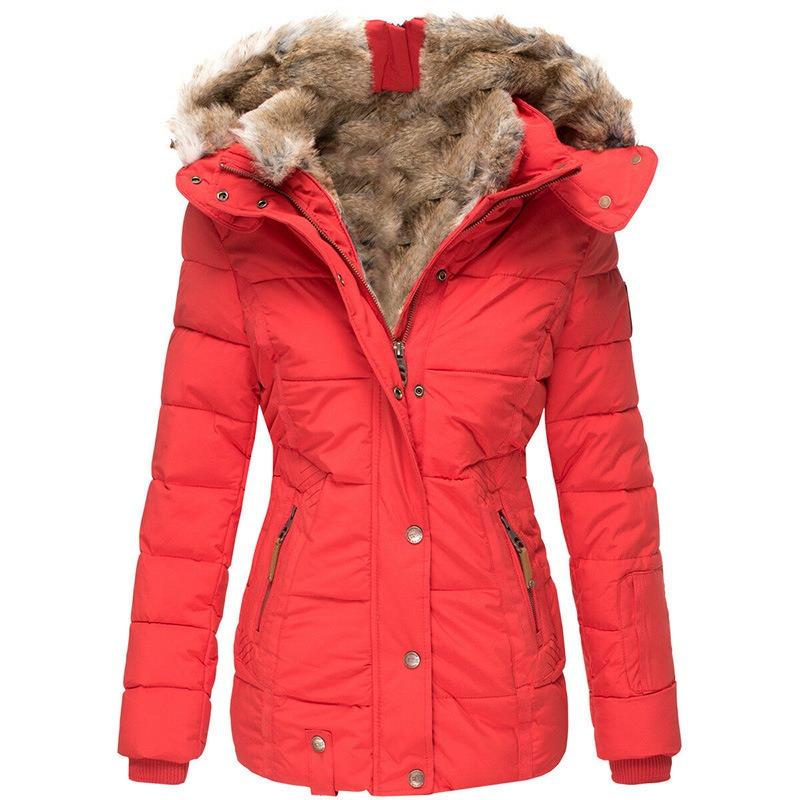 New Winter Warm Fur Collar Cotton Coat Women's Zipper Long-sleeved Slim Cotton Coat Hooded Coat
