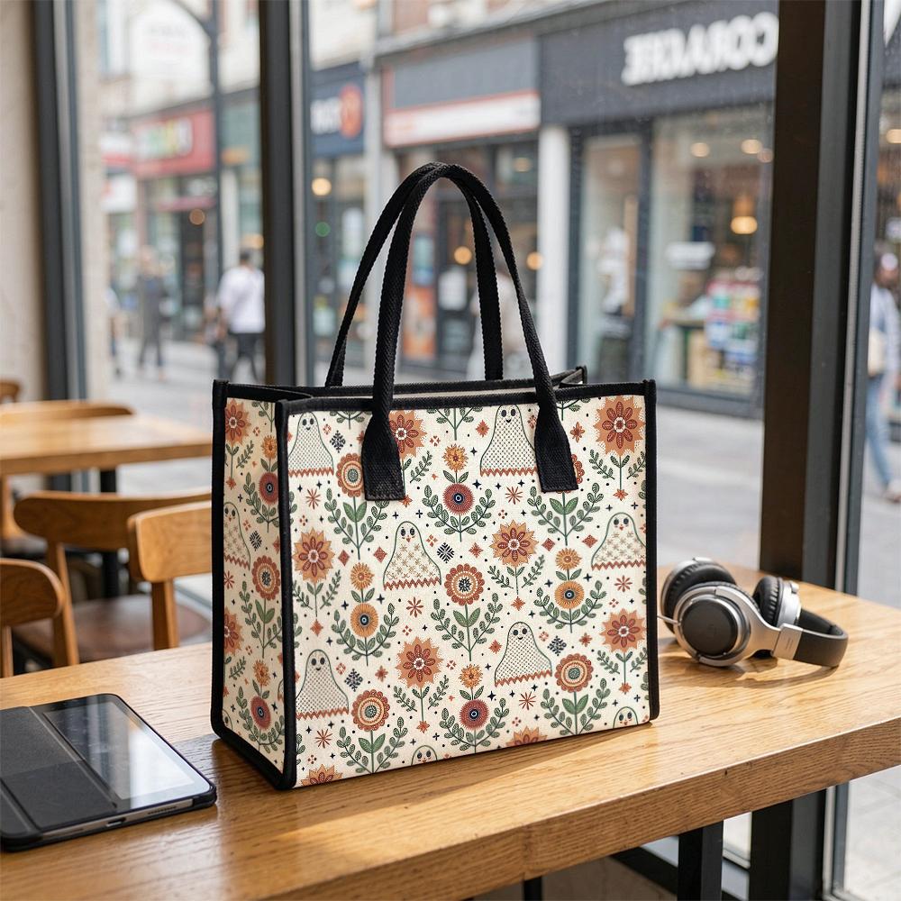 Cute Floral Ghost Print Tote Bag for Daily Shopping Commuting Casual Lightweight Carryall Bag