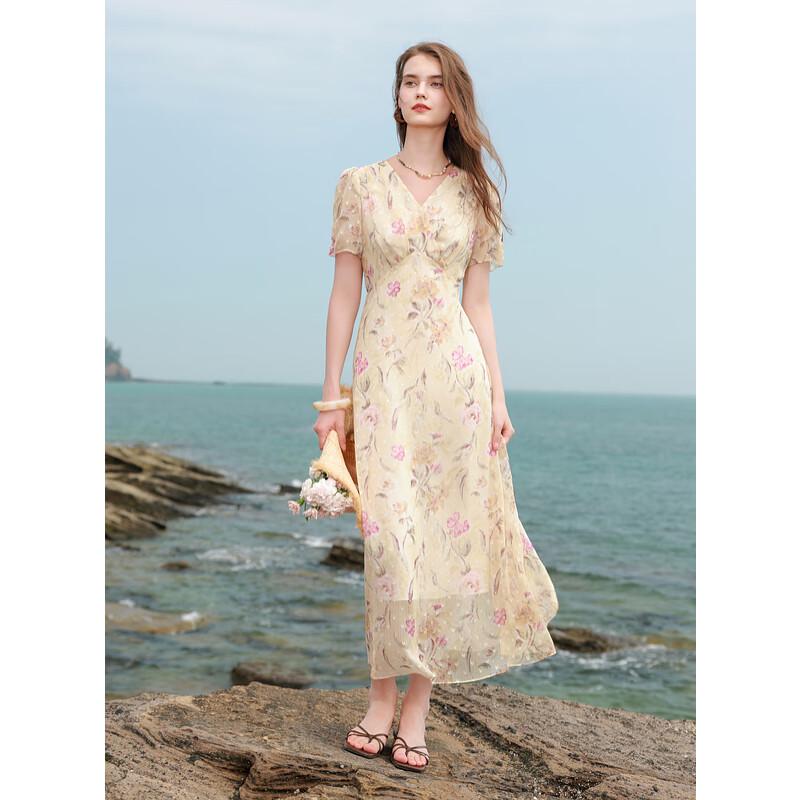 Sancai 2025 Summer French Floral V-neck Puff Sleeve Maxi Dress