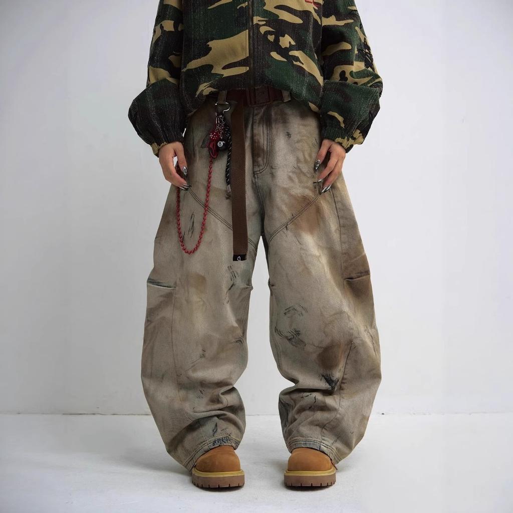 Washed and old design jeans summer new genderless heavy industry dirty wash wide leg loose scimitar pants