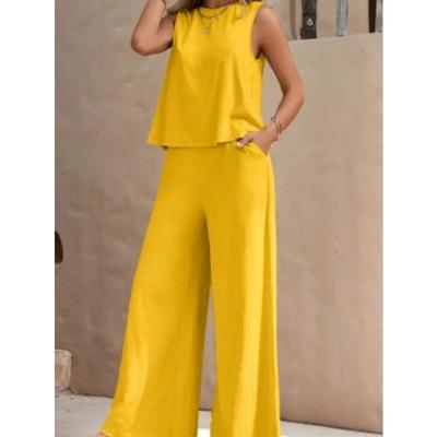 Roupas femininas cor sólida elegante conjunto de duas peças sem mangas regata perna larga calças soltas