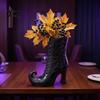 Decorative Mantel Ornament Gothic Witch Boot Vase, Halloween Table Centerpiece Black Spider Web Plastic Floral Arrangement Stand High Heel,