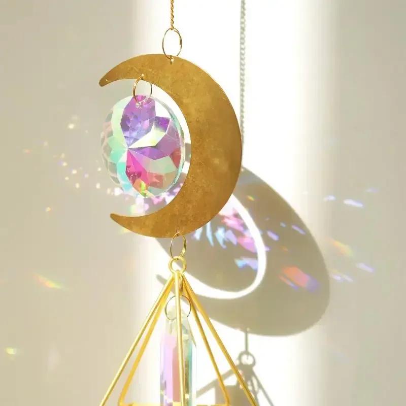 1pcs Refractive Light and Shadow Crystal Glass Wind Chimes Metal Moon Style Crystal Pendant Balcony Window Decorations  Pendants