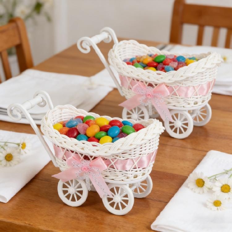 Woven Miniature Trolley Shape Baby Shower Candy Basket Artificial Rattan Strollers Flower Basket Multifunction Party Decors