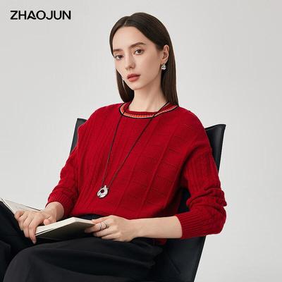 Zhaojun Women's Red Crew Neck Wool Sweater
