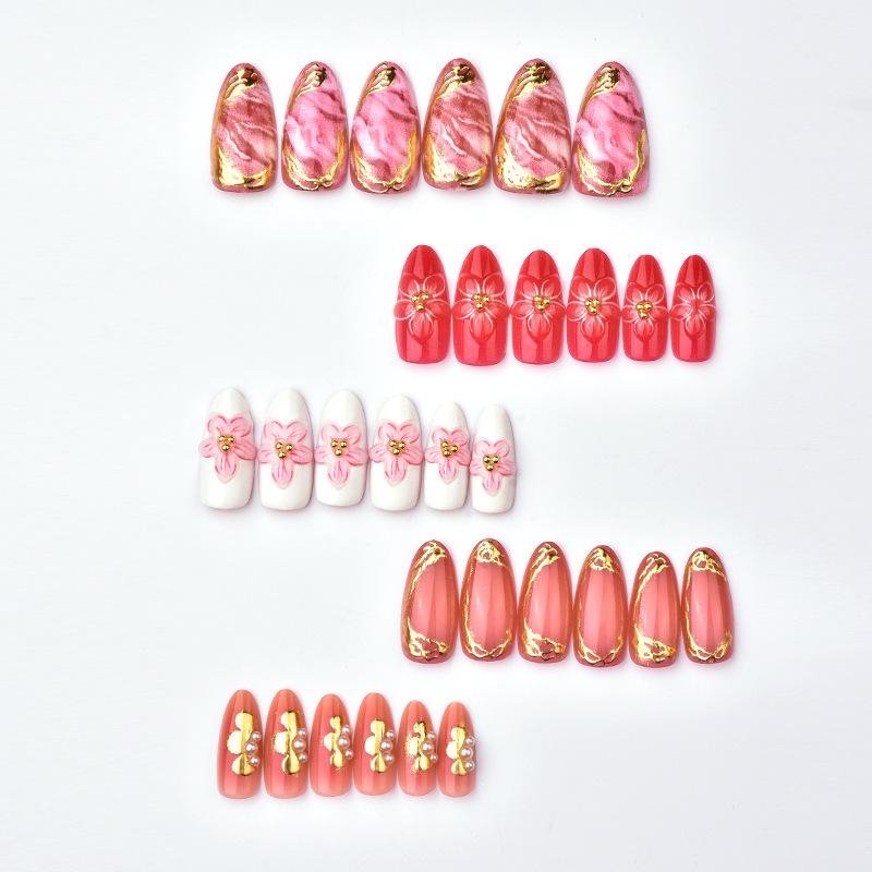 Gold Foil 3D Almond Blossom Gradient Rhinestone False Nails - 30 Pieces