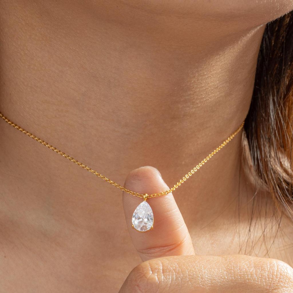 1pc Fashion Jewelry 18K Gold Plated Chain WaterDrop Diamond Pendant Necklace Stainless Steel 12 Months Birthstone Necklace