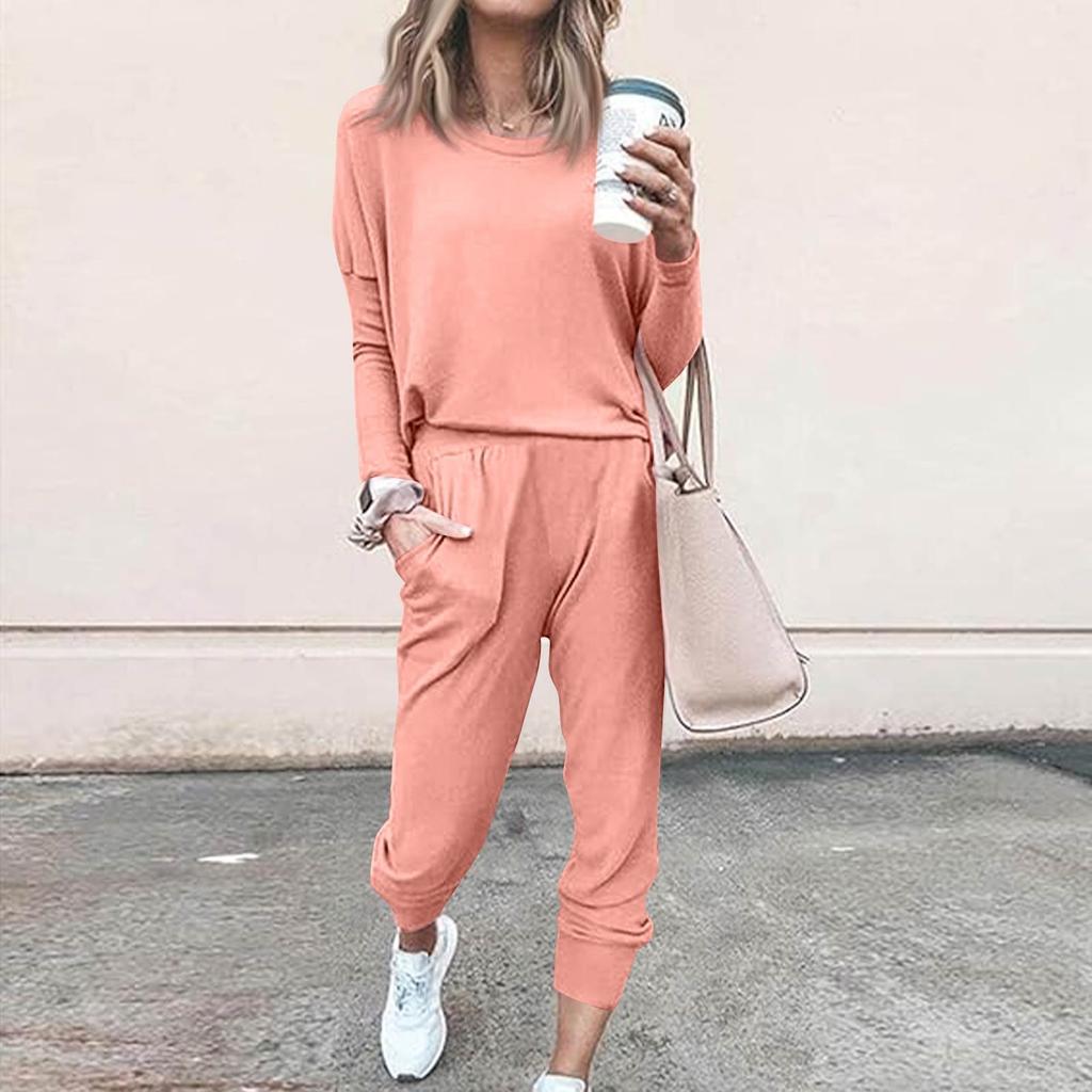 Sets For Women 2 Piece Round Neck Long Sleeve Shirts Colid Sweatpants Pocket Sets