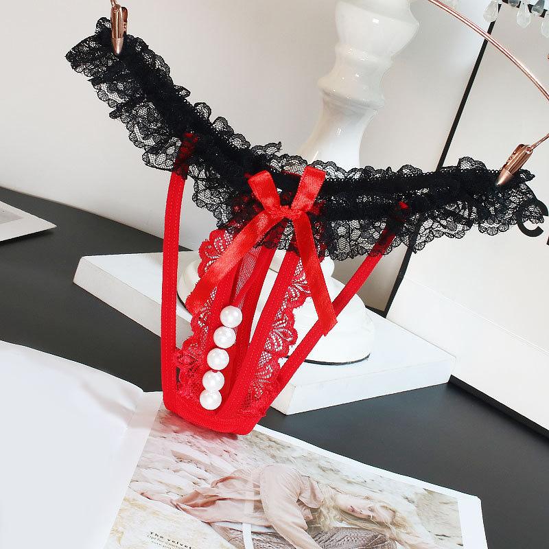 Transparent Women's Panties Sweet Underwear Open Crotch Thongs Embroidery Sexy Lingerie Erotic Beaded G-Strings T-Back