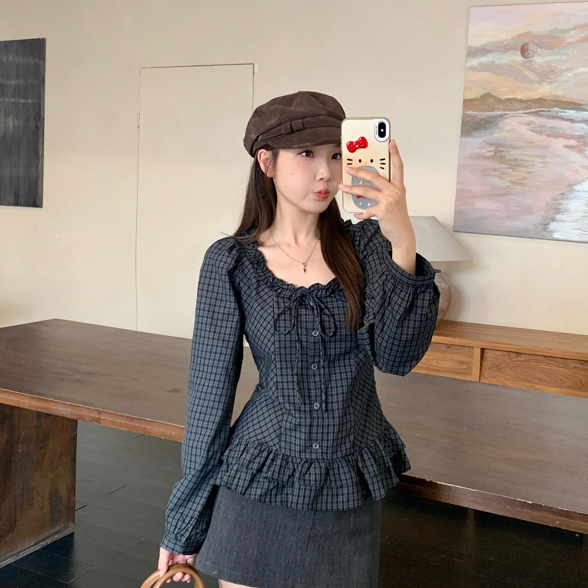 Plus Size French Plaid Ruffle Bow Blouse - Spring Slimming Top 4XL
