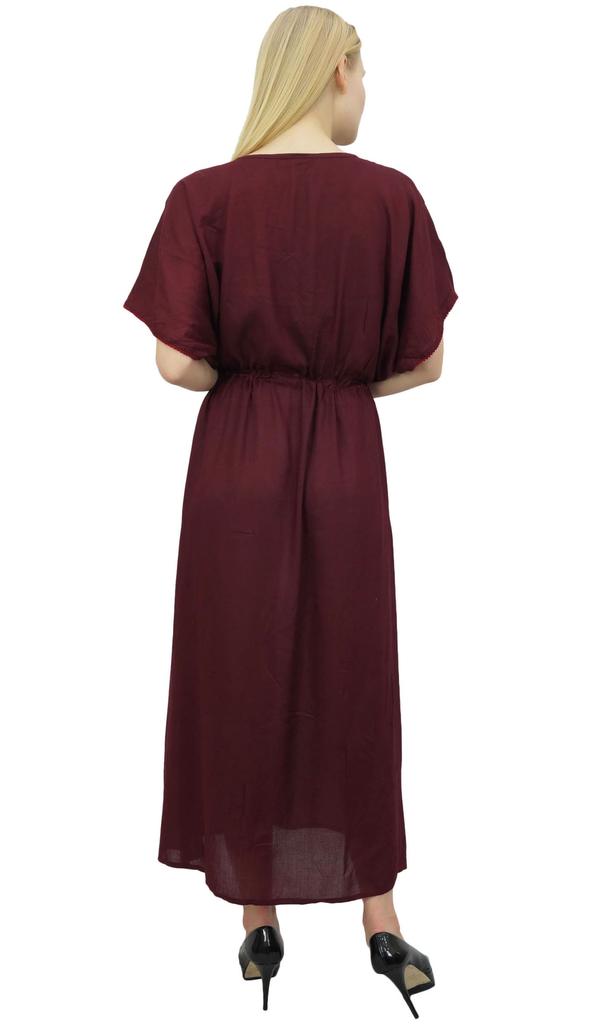 Bimba Dámské volné, hladké, dlouhé maxi šaty z vínové hedvábné tkaniny s...