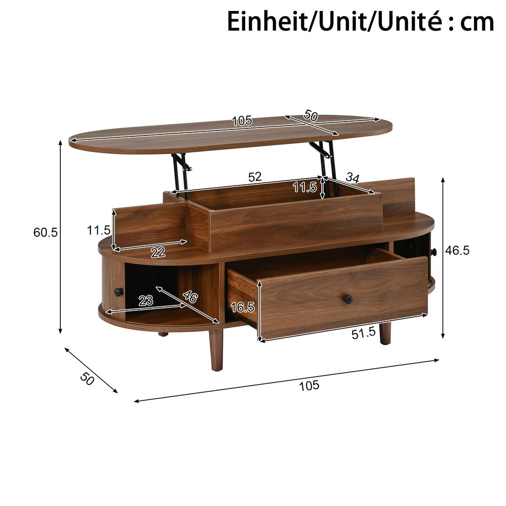 Ovaler Couchtisch mit hochklappbarer Tischplatte, MDF, Versteckter Stauraum, Zwei offene Regale, Große Schublade + Zwei Schiebetüren, Runde Griffe, Konische Gummibaumbeine