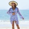 3 Piece Tropical Floral Print Bikini Set V Neck Boy Shorts Long Sleeve Sheer Cover Up Sexy Push Up Beach Vacation Bathing Suit