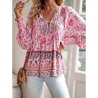 Elegant Floral Print Long Sleeve Blouse V Neck Lace Button Detail Womens Tops Casual Wear Ethnic Style Pullover Shirt