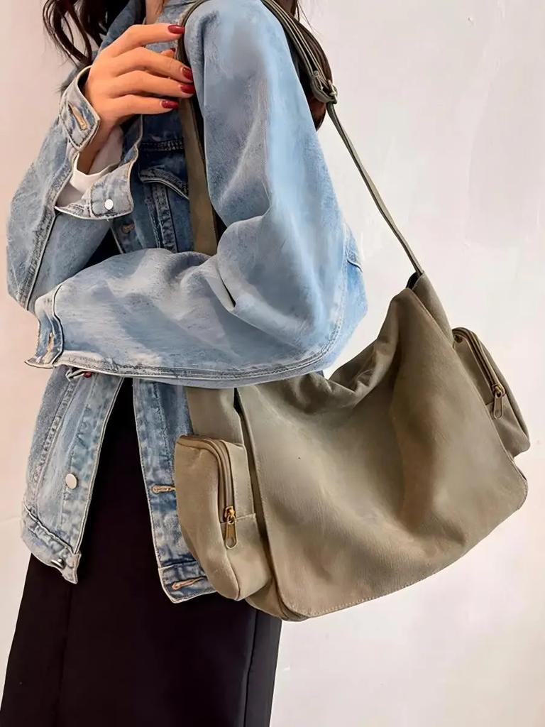 Vintage Women's Canvas Bag Multiple Pockets Shoulder Bag Army Green Female Messenger Bag Laptop Crossbody Bag Commuting