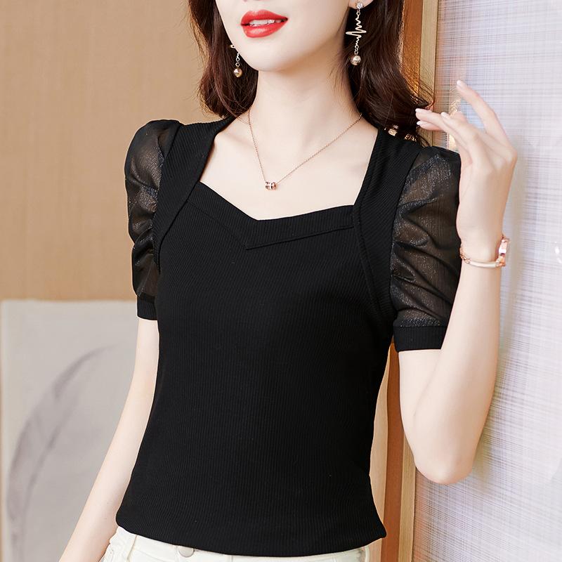 New Summer Solid Color Cotton Slim Short-sleeved Knitted Temperament Commuter Pullover Palace Style Puff Sleeve Top
