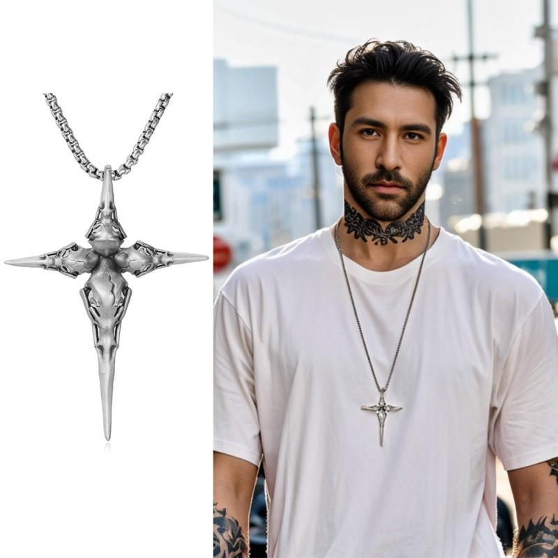 Mens Punk Hip Hop Necklace With Bird Head Cross Pendant Stainless Steel Box Chain Tone