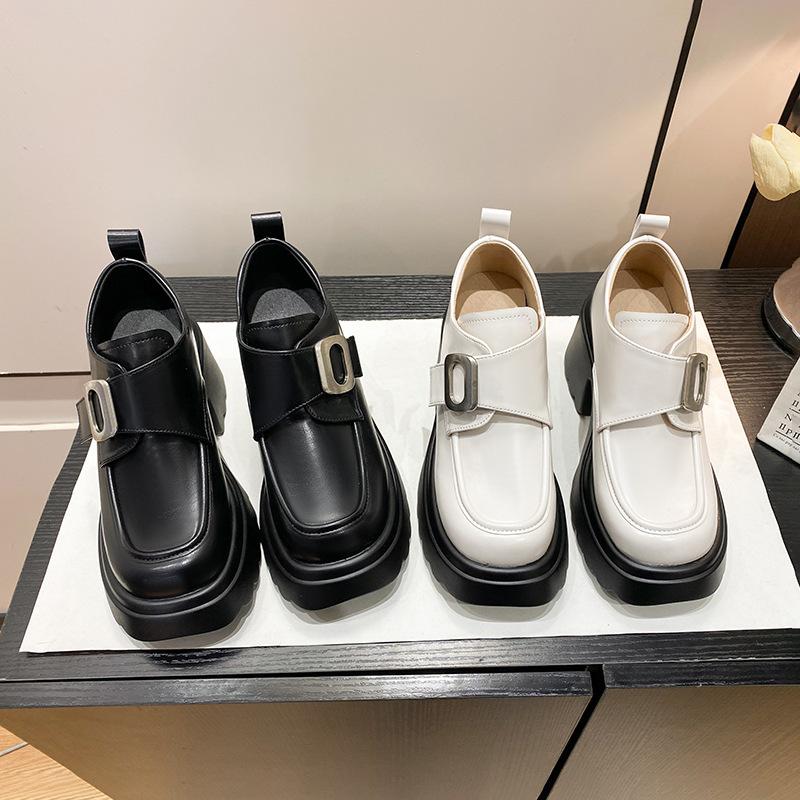 New thick heel muffin thick sole women's small Velcro small leather shoes inner height increase single shoes