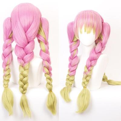 Peluca de cosplay Kanroji Mitsuri de 80 cm Anime Demon Slayer: Kimetsu No Yaiba Peluca de pelo de fibra resistente al calor con trenza verde mixta rosa para mujer