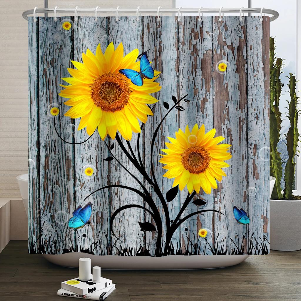 Rustic Sunflower Daisy Shower Curtain Butterfly Floral Vintage Country Farmhouse Flower Wooden Board Waterproof Bathroom Curtain