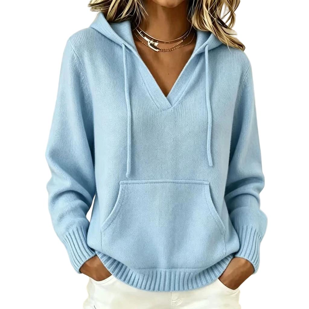 Women's Casual Color V-Neck Long Sleeve Hooded Top