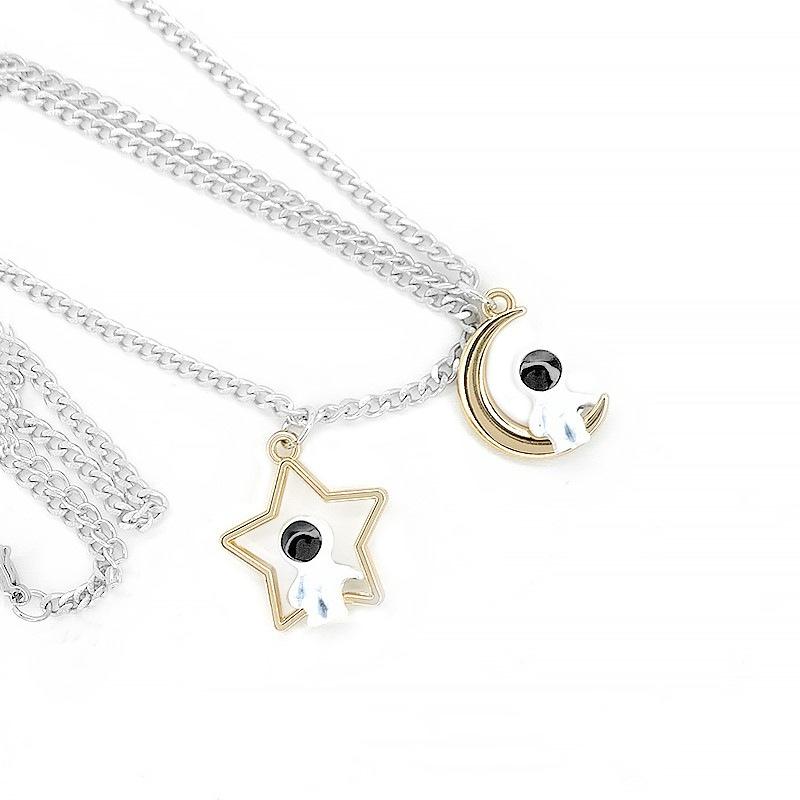 Fashion Moon Star Crystal Spaceman Pendant Necklaces for Women Men Jewelry Couple Astronaut Jewellery Lovers Gift Link Chain