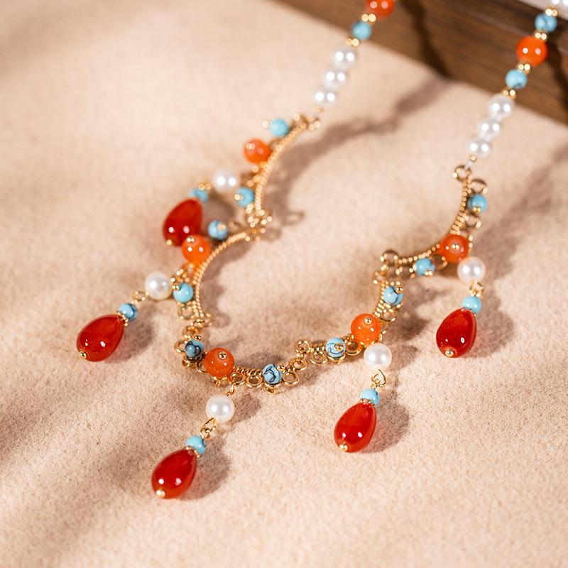 

Orange red water droplet necklace, original ancient style Hanfu necklace, new Chinese qipao accessory, soft Yingluo Chinese style