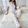 Womens Cherry Print Pajama Set With Water-Soluble Embroidery Trim Short Sleeve Long Pants Loungewear Outfit